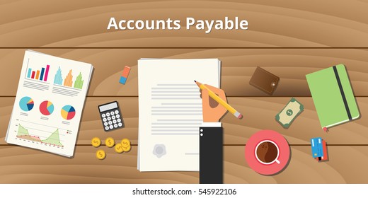 accounts payable illustration with businessman working on paper document with graph money chart paperwork on top of table