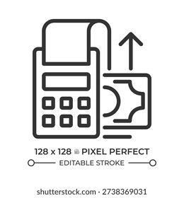 Accounts payable pixel perfect line icon. Money owed by company to creditors. Goods and services on credit. Isolated vector illustration. Outline symbol. Simple linear drawing. Editable stroke