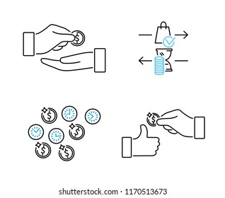 Accounts receivable vector icons set. Loan and debt buying business. Hands with giving payment and get earning in a time period. Economical and financial investment.