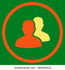 Accounts vector icon. Style is bicolor flat circled symbol, orange and yellow colors, rounded angles, green background.