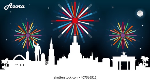 Accra Ghana Skyline Silhouette, Dark Night Sky With Fireworks Vector Design