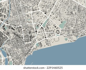 Accra, Ghana, vector map. Detailed map of Accra city administrative area. Cityscape panorama. Royalty free vector illustration. Outline map with buildings, water, forest. Tourist decorative road map.