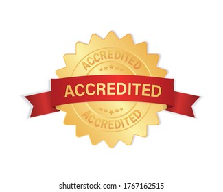 Accredited 3d gold badge with red ribbon sign, label isolated on white background.