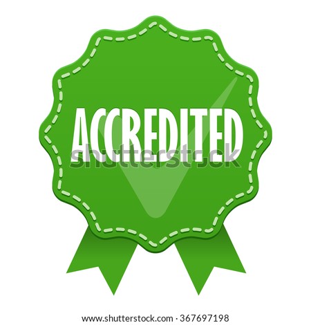 Accredited green label with tick icon isolated on white background. Vector illustration