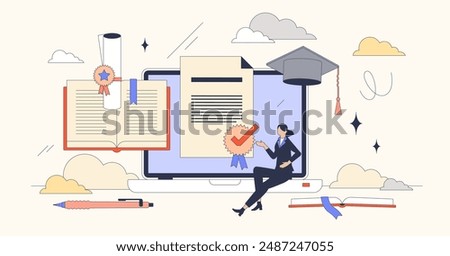 Accredited online courses with official study program tiny person neubrutalism concept. Trust and quality approval for academic platform in web vector illustration. Digital remote learning system.