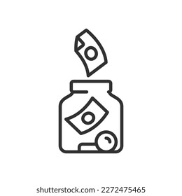 Accumulating money, linear icon. Money in a glass jar. Line with editable stroke