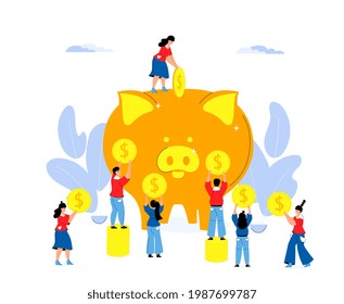 Accumulating money. Saving money concept. Tiny people put gold coins in a large piggy bank