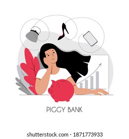 Accumulating saving money concept illustration. Woman saves money with piggy bank dreams of shopping. Bank deposit investment donation pension savings symbol. Income growth graph. Stock vector flat.