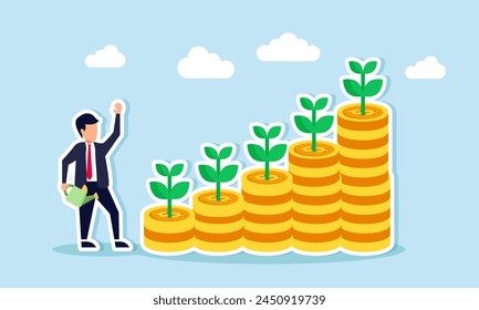 Accumulating wealth, growing investments, mutual funds, compound interest, and pension funds lead to prosperity, concept of Businessman nurtures coin stack for growth