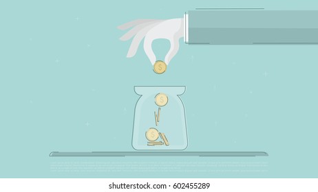 Accumulation of capital, saving of funds.  Concept business vector for investing into ideas, creative  work, growing business. Flat illustration with thin broken line.
