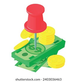 Accumulation concept icon isometric vector. Red push pin on dollar bill and coin. Saving, finance