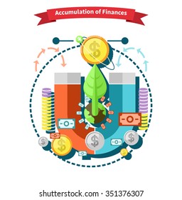 Accumulation of finances concept of a magnet attracting golden coins in flat design. Capital money,  capital markets, finance investment, growth business, financial profit, dollar coin, fund invest