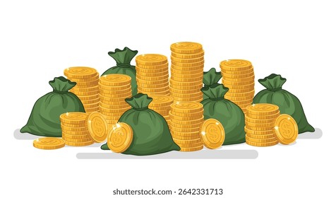 Acumulação De Moedas De Ouro E Sacos De Saque Indicando Enorme Riqueza E Sucesso Financeiro