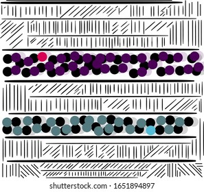 An accumulation of many short and long lines. Between them are colored circles.