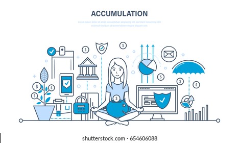 Accumulation, monetary savings, financial security, investments and savings, bank deposits. Illustration thin line design of vector doodles, infographics elements.