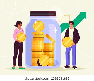 Accumulation of money. Man and woman with gold coins near jar. Financial literacy and passive income. Family budget concept. Economy and investing. Flat vector illustration