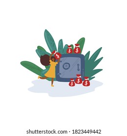 The accumulation of money in the safe in Pension. Financial savings in bags for people in retirement. Vector illustration
