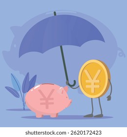 Accumulation of money, wealth, earning interest, vector icon yuan, yen, piggy bank. Investment protection, safe storage of finances, getting benefit