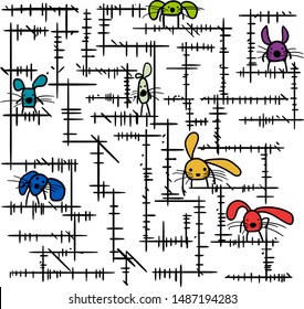 An accumulation of straight lines forming long corridors at right angles. Between them there are eared characters.
