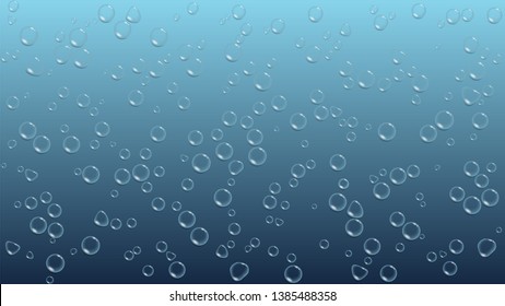 Accumulation of transparent water drops on blue background. Condensation of liquid on the surface.