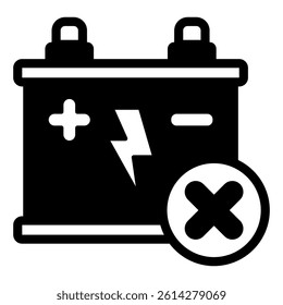 Accumulator ban solid icon, prohibited items concept. Vector graphics. Battery container and lightning, energy forbidden sign on white background, glyph style mobile or design