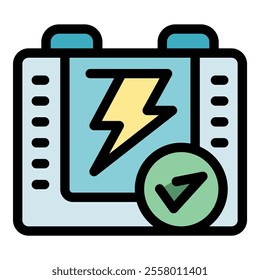 Accumulator battery fully charged showing complete status with a check mark symbol, energy storage concept