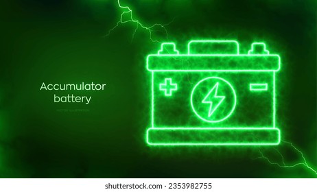 Akkumulator-Akku-Symbol mit elektrischer Energie-Glüheffekt. Fahrzeugakkumulator. Grüne Energie. Ladestation. Hintergrund für die Stromversorgung des Akkus Elektroentladungs-Effekte. Vektorgrafik.