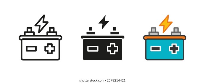 Accumulator battery icon. Power generator vector illustration. Electric car charger symbol. Plus and minus electricity sign. Auto energy charging pictogram. Car accumulator battery concept isolated.