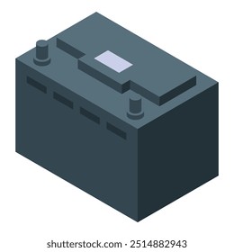 Batería del acumulador que proporciona la corriente eléctrica para el arrancar del coche, aislada en el fondo blanco, en vista isométrica