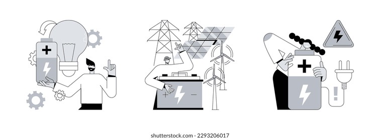 Akkumulatorenbatterie verwendet abstraktes Konzept, Vektorgrafik-Set. Innovative Batterietechnologie, Energiespeicherung, sichere Energiemaschine, elektrische Energie, umweltfreundliche, schnelle Ladefähigkeit, abstrakte Metapher.