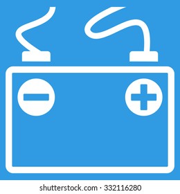 Accumulator Battery vector icon. Style is flat symbol, white color, rounded angles, blue background.