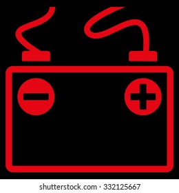 Accumulator Battery vector icon. Style is flat symbol, red color, rounded angles, black background.