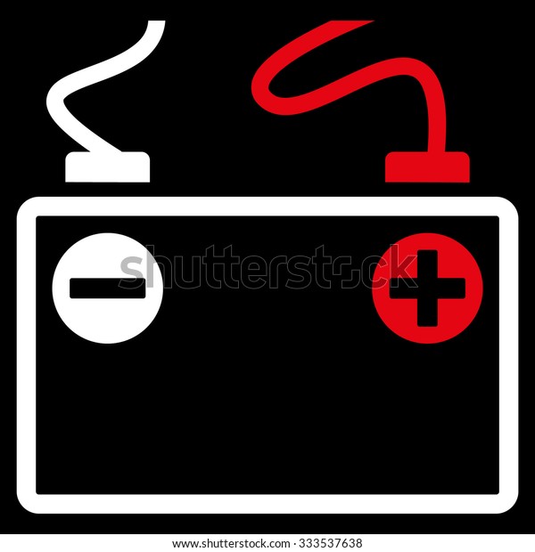 Accumulator\
Battery vector icon. Style is bicolor flat symbol, red and white\
colors, rounded angles, black\
background.