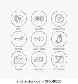 Accumulator, brakes and steering wheel icons. Generator belt, klaxon signal and car mirron linear signs. Door icon. Linear colored in circle edge icons.