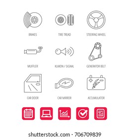 Accumulator, brakes and steering wheel icons. Generator belt, klaxon signal and car mirror linear signs. Door icon. Report document, Graph chart and Calendar signs. Laptop and Check web icons. Vector