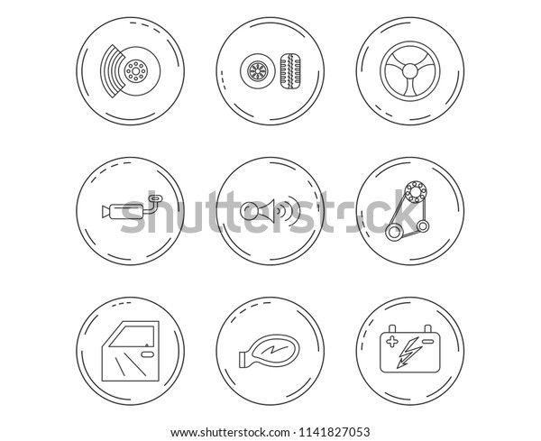 Accumulator, brakes and steering wheel\
icons. Generator belt, klaxon signal and car mirror linear signs.\
Door icon. Linear Circles web buttons with icons.\
Vector
