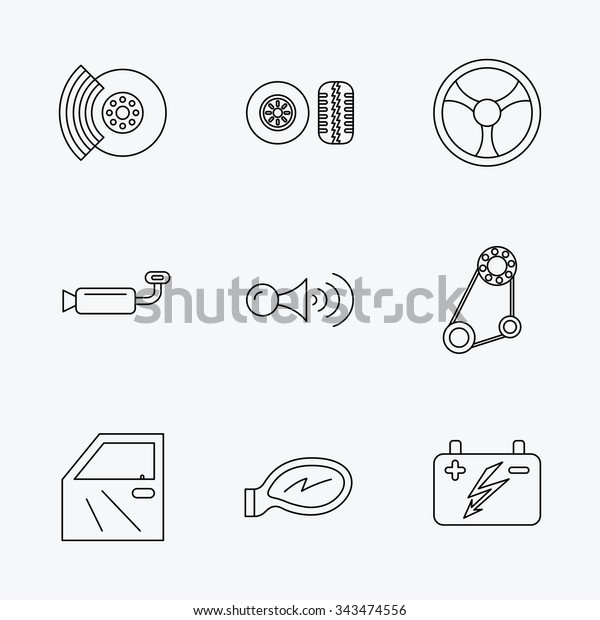 Accumulator, brakes and steering wheel icons.\
Generator belt, klaxon signal and car mirron linear signs. Door\
icon. Linear black icons on white\
background.