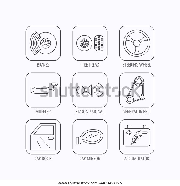 Accumulator, brakes and steering\
wheel icons. Generator belt, klaxon signal and car mirror linear\
signs. Door icon. Flat linear icons in squares on white background.\
Vector