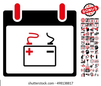 Accumulator Calendar Day icon with bonus calendar and time management pictures. Vector illustration style is flat iconic symbols, intensive red and black, white background.