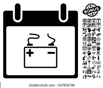 Accumulator Calendar Day icon with bonus calendar and time management pictures. Vector illustration style is flat iconic symbols, black, white background.
