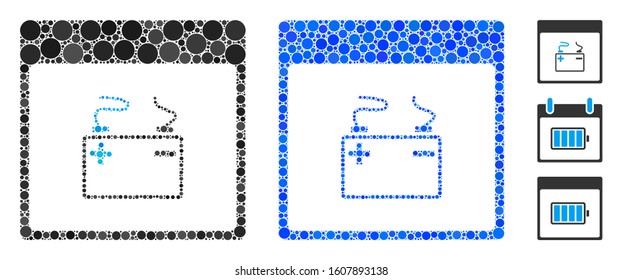 Accumulator calendar page composition of round dots in various sizes and color hues, based on accumulator calendar page icon. Vector round dots are grouped into blue composition.