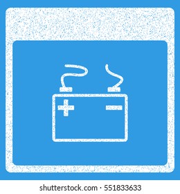 Accumulator Calendar Page grainy textured icon for overlay watermark stamps. Flat symbol with unclean texture. Dotted vector white ink rubber seal stamp with grunge design on a blue background.