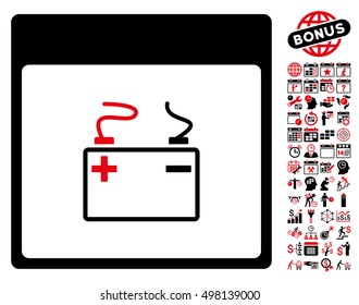Accumulator Calendar Page icon with bonus calendar and time management clip art. Vector illustration style is flat iconic symbols, intensive red and black, white background.