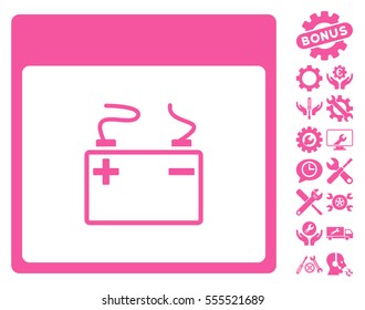 Accumulator Calendar Page icon with bonus service symbols. Vector illustration style is flat iconic symbols, pink, white background.