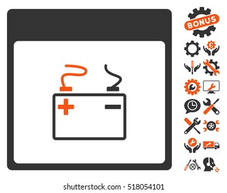Accumulator Calendar Page pictograph with bonus configuration symbols. Vector illustration style is flat iconic symbols, orange and gray, white background.