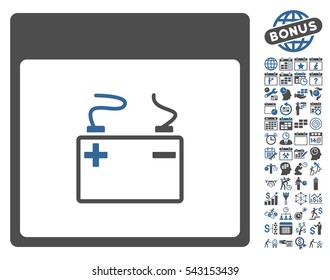 Accumulator Calendar Page pictograph with bonus calendar and time management images. Vector illustration style is flat iconic symbols, cobalt and gray, white background.