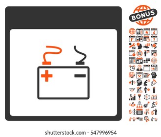 Accumulator Calendar Page pictograph with bonus calendar and time management pictograms. Vector illustration style is flat iconic symbols, orange and gray, white background.