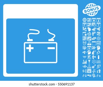 Accumulator Calendar Page pictograph with bonus calendar and time management icon set. Vector illustration style is flat iconic symbols, white, blue background.