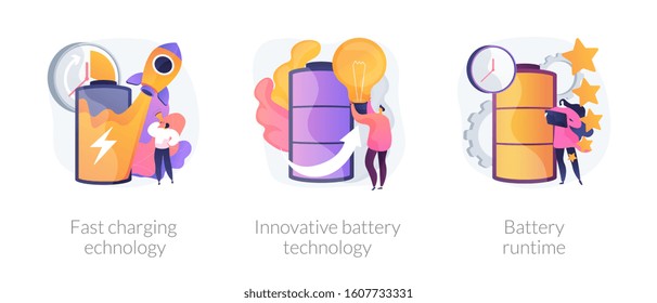 Accumulator capacity, energy power source maintenance. Fast charging technology, innovative battery technology, battery runtime metaphors. Vector isolated concept metaphor illustrations.