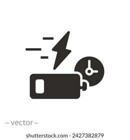 accumulator charge time icon, fast battery charging, flat symbol on white background - vector illustration